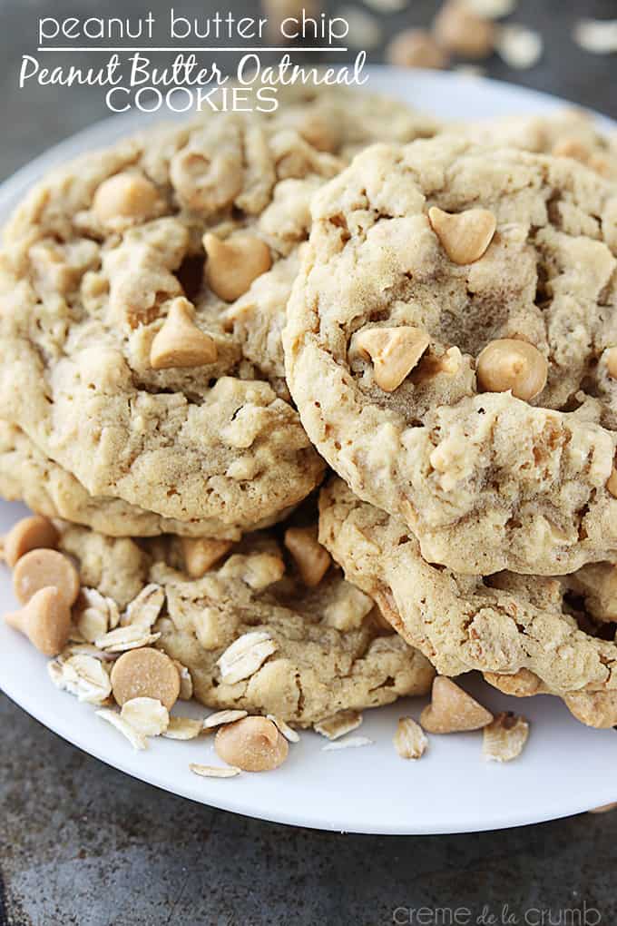peanut butter chip peanut butter oatmeal cookies on a plate with the title of the recipe on the top left corner of the image.