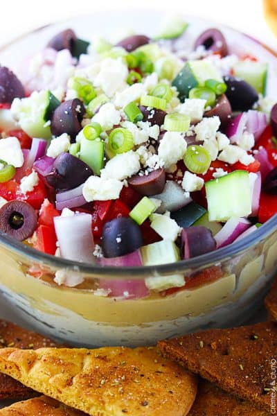 7 Layer Greek Hummus Dip - Creme De La Crumb