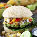 Guacamole Burgers with Roasted Corn + Mango Red Pepper Salsa  Creme De La Crumb