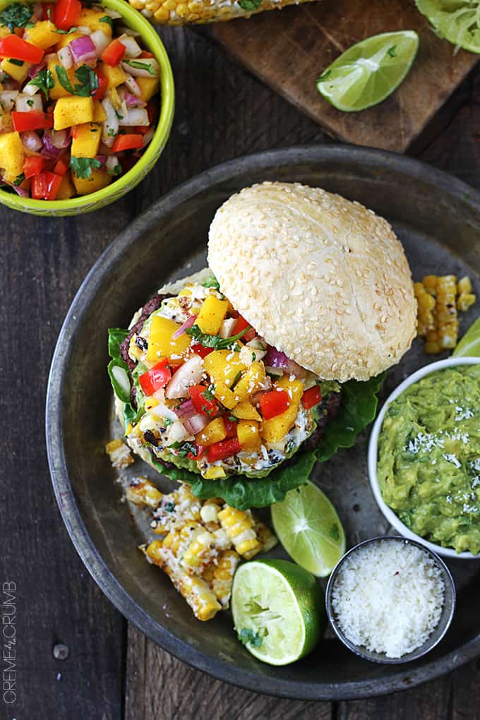 Guacamole Burgers with Roasted Corn + Mango Red Pepper Salsa  Creme De La Crumb