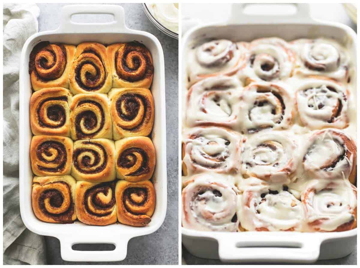 top view of cream cheese cinnamon rolls in a baking pan unfrosted and frosted.
