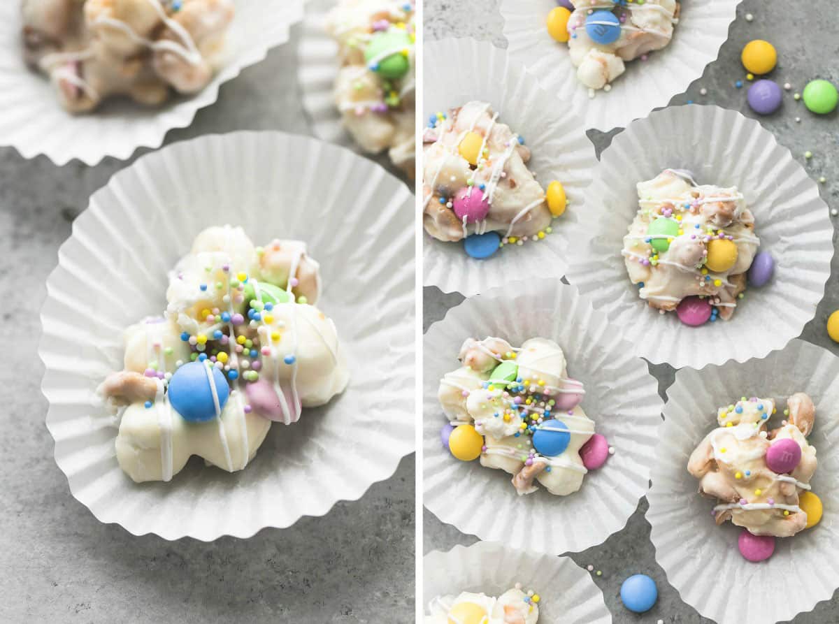 side by side image of a spring confetti crockpot candy in a cupcake liner and more candy in cupcake liners.