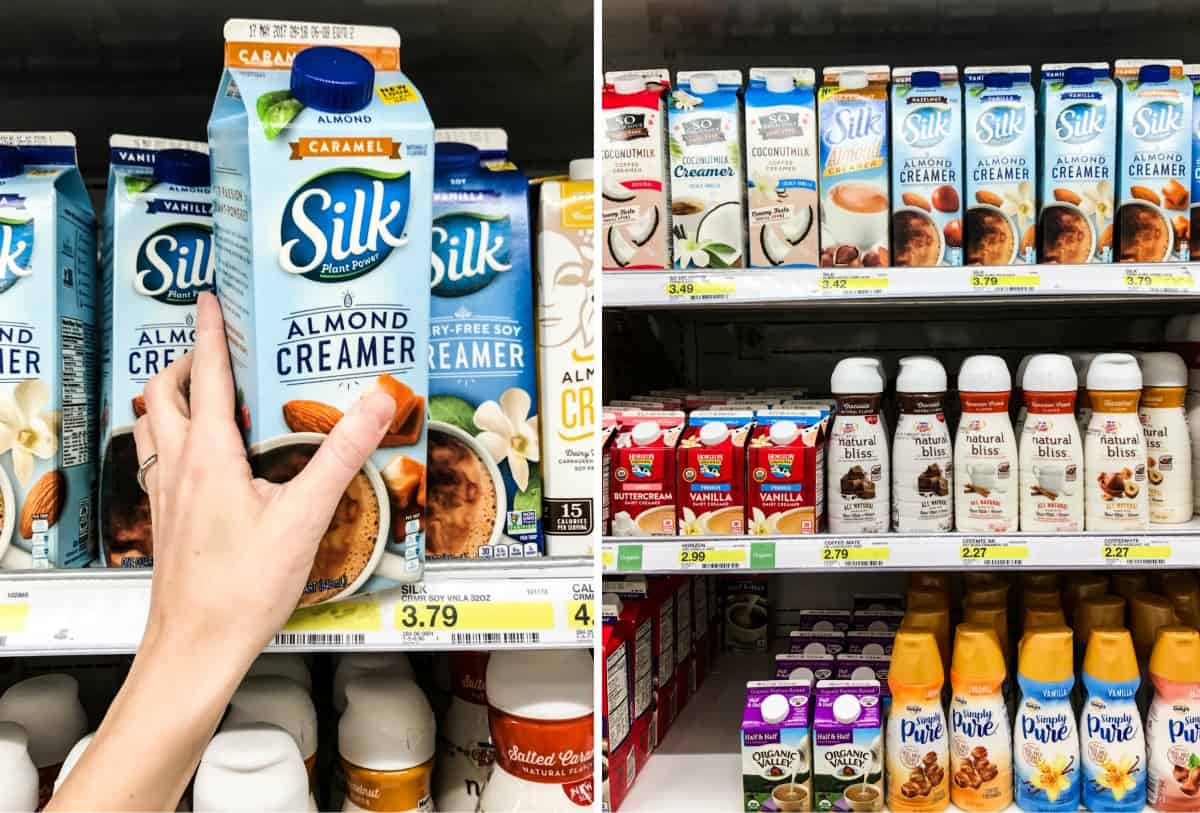 side by side images of Silk almond creamer on a shelf at the store and someone grabbing one.