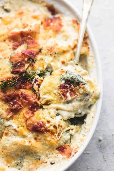 Ravioli Alfredo Bake with Spinach and Bacon - Creme De La Crumb