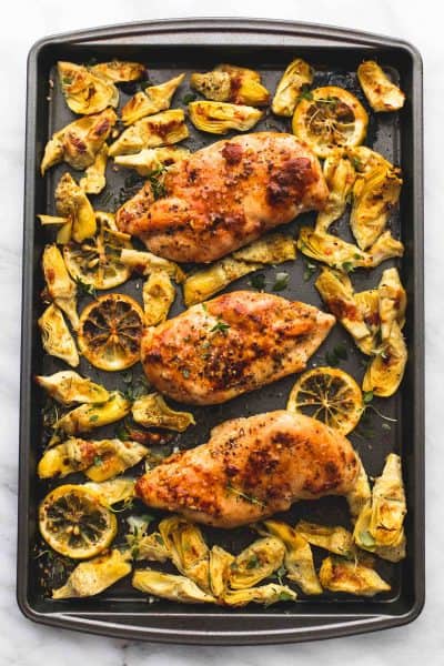 One Pan Baked Lemon Chicken and Artichokes - Creme De La Crumb