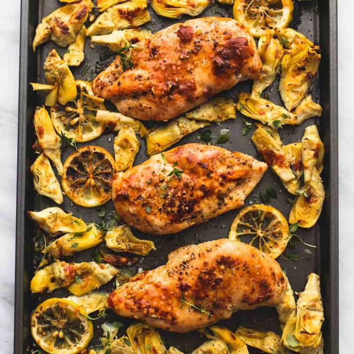 One Pan Baked Lemon Chicken and Artichokes - Creme De La Crumb