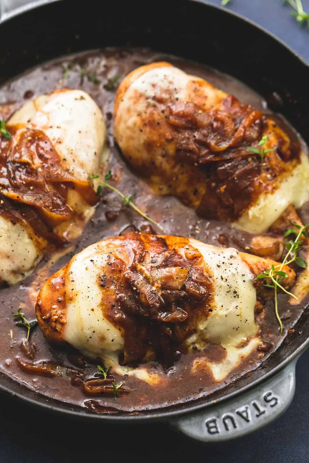 French onion chicken in a skillet.