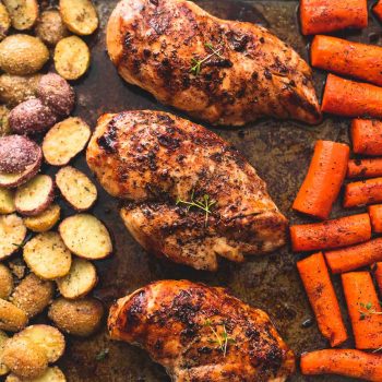 Easy Sheet Pan Balsamic Chicken with Potatoes and Carrots recipe | lecremedelacrumb.com