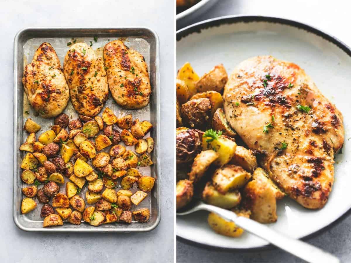 side by side images of sheet pan chicken and potatoes on a sheet pan and on a plate.