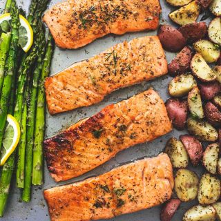 Sheet Pan Salmon and Asparagus with Potatoes - Creme De La Crumb