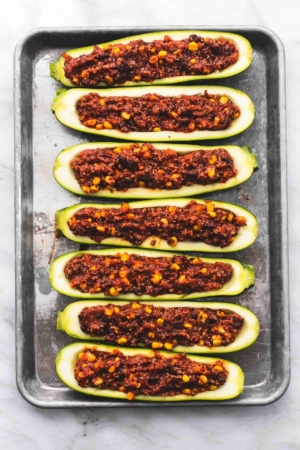 Enchilada Quinoa Stuffed Zucchini Boats - Creme De La Crumb