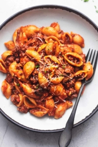 up close plate of pasta shells