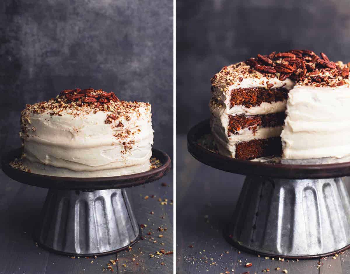 side by side image of carrot cake on metal cake stand.