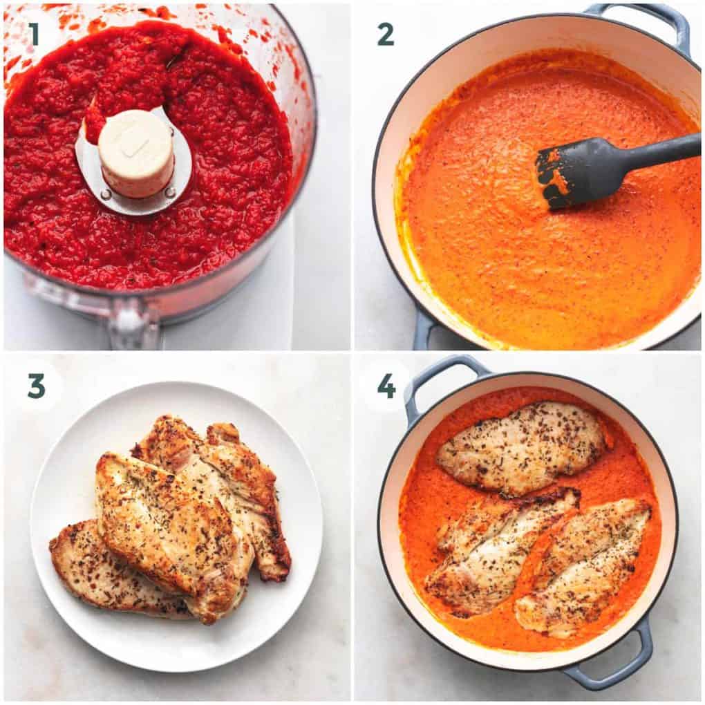 four in-process steps to prepare mediterranean chicken in roasted red pepper sauce