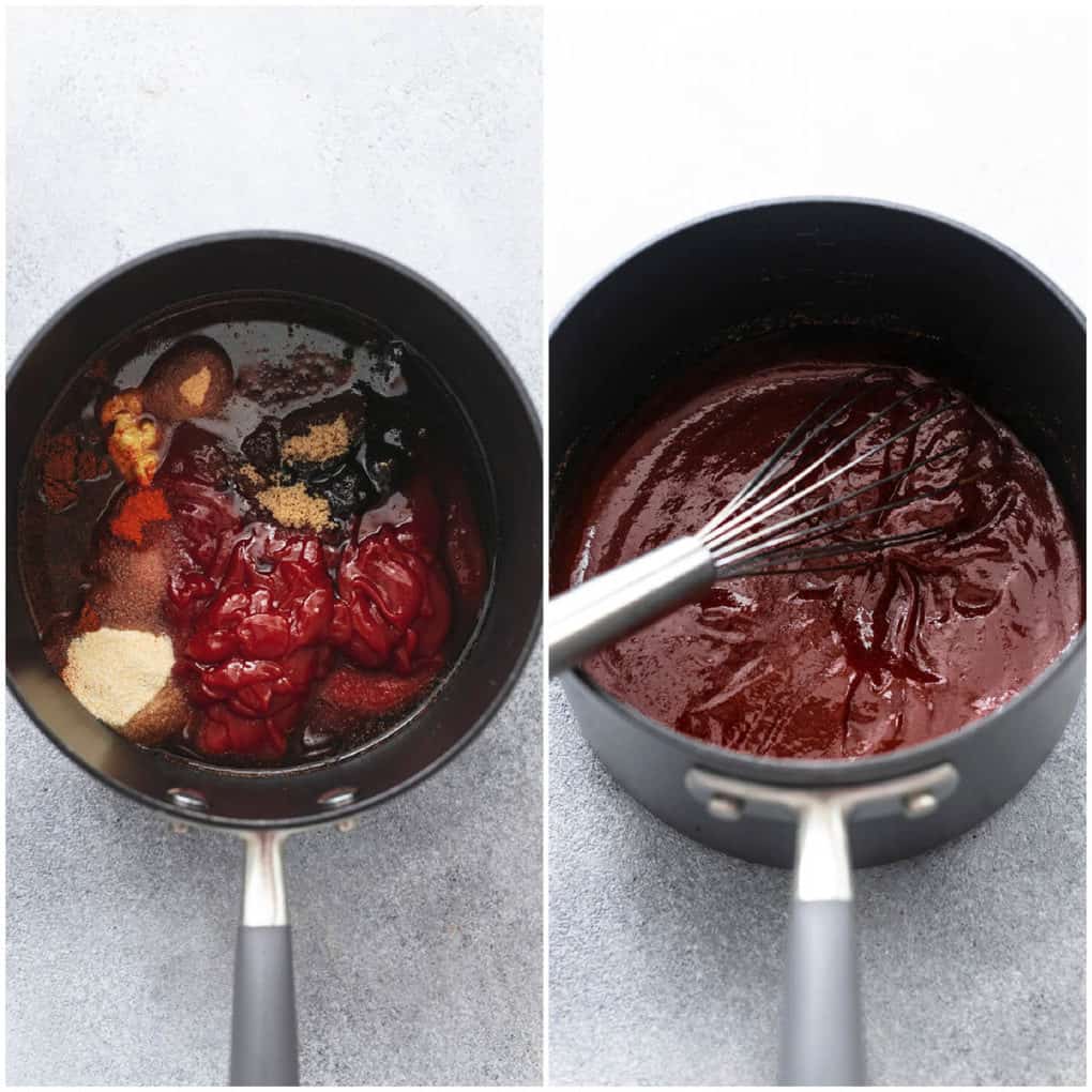 two images side by side of sauce cooking in pot