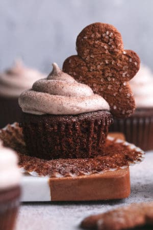 unwrapped cupcake with frosting and gingerbread man decoration