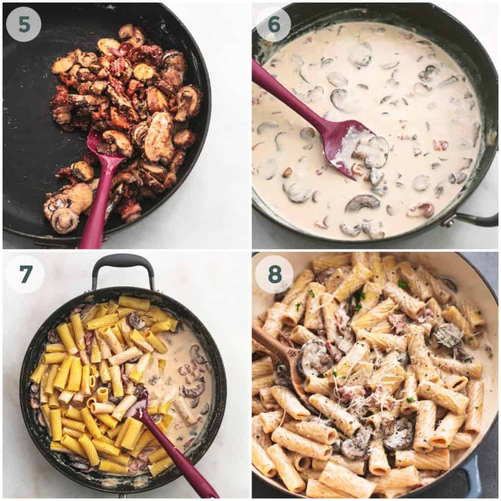 four steps of preparing past with mushroom sauce