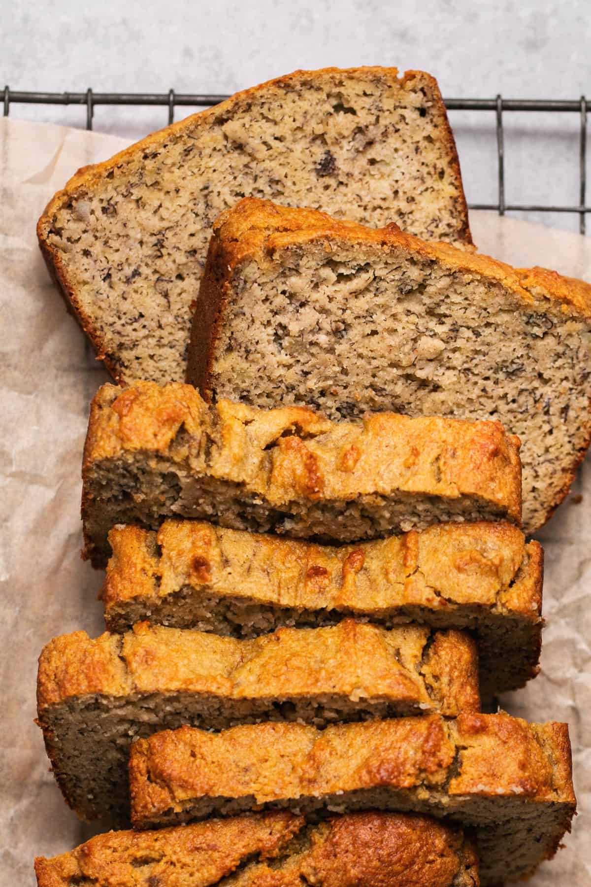 overhead view of slices of banana bread