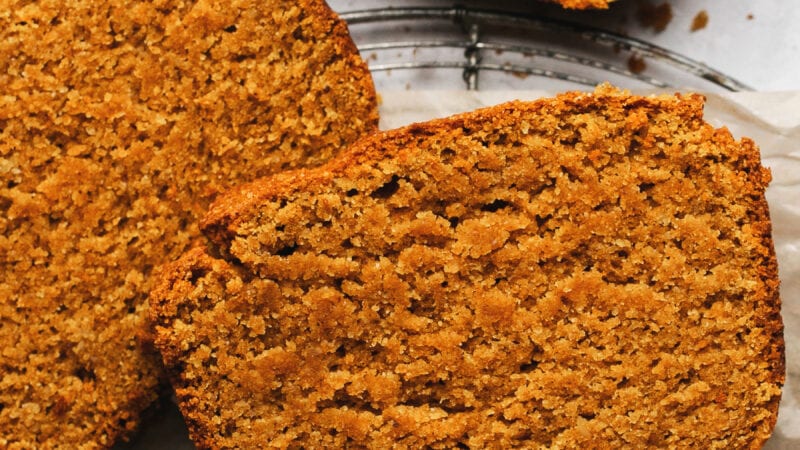 slices of gluten free pumpkin bread on tabletop