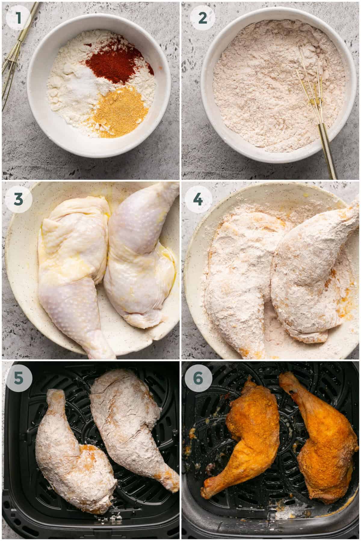 six steps of preparing air fryer chicken legs