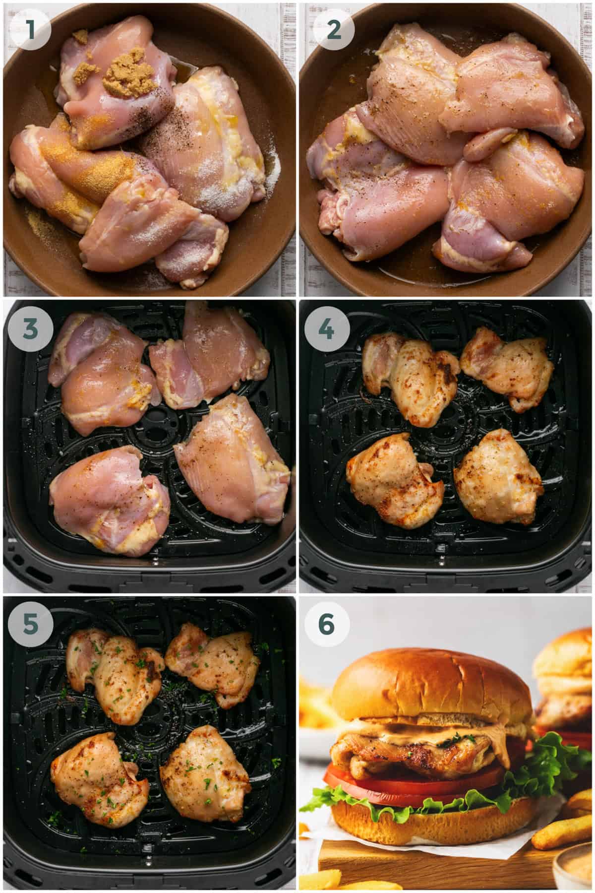 steps 1-6 of air fryer chicken thighs recipe