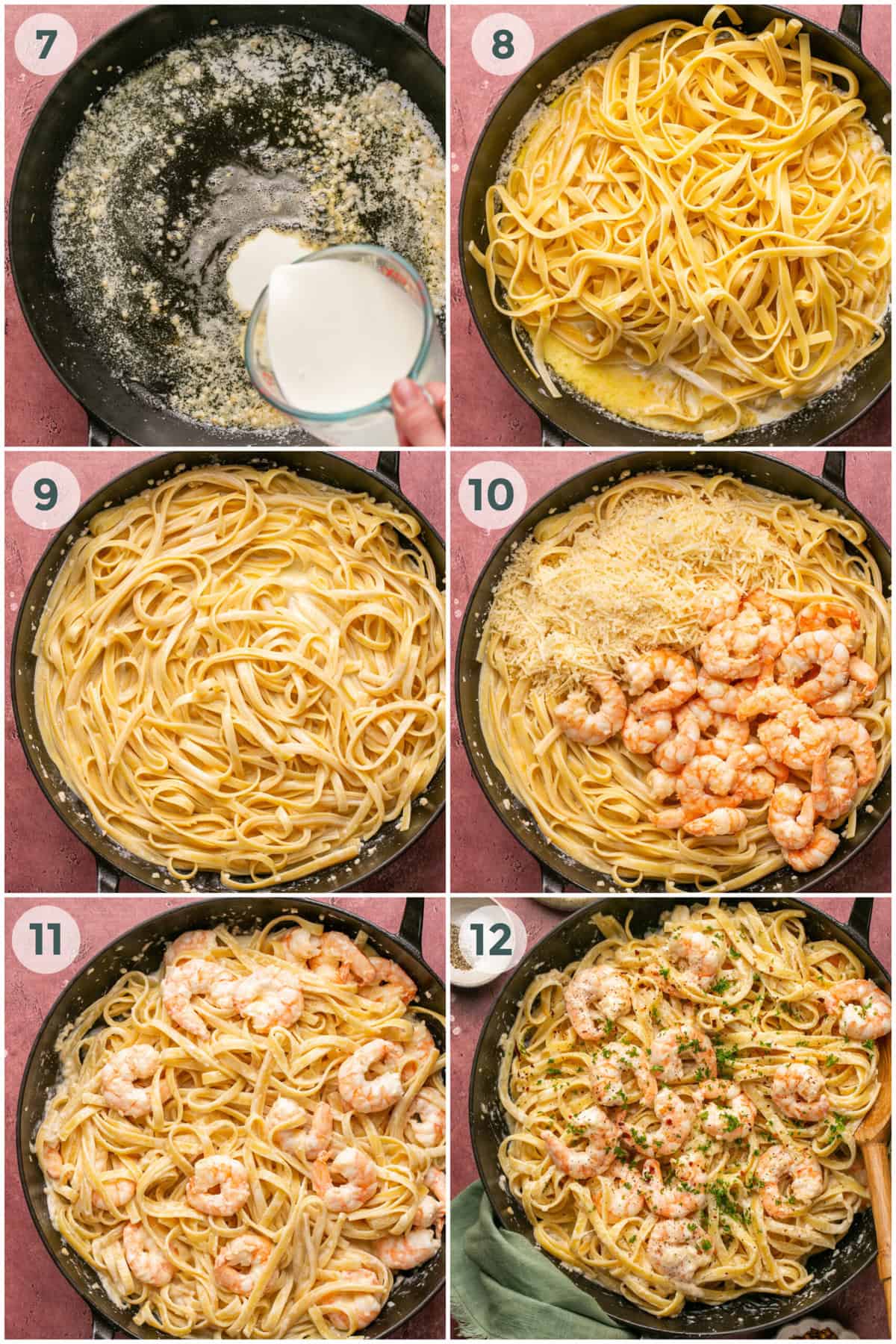 steps 7-12 for shrimp alfredo pasta recipe