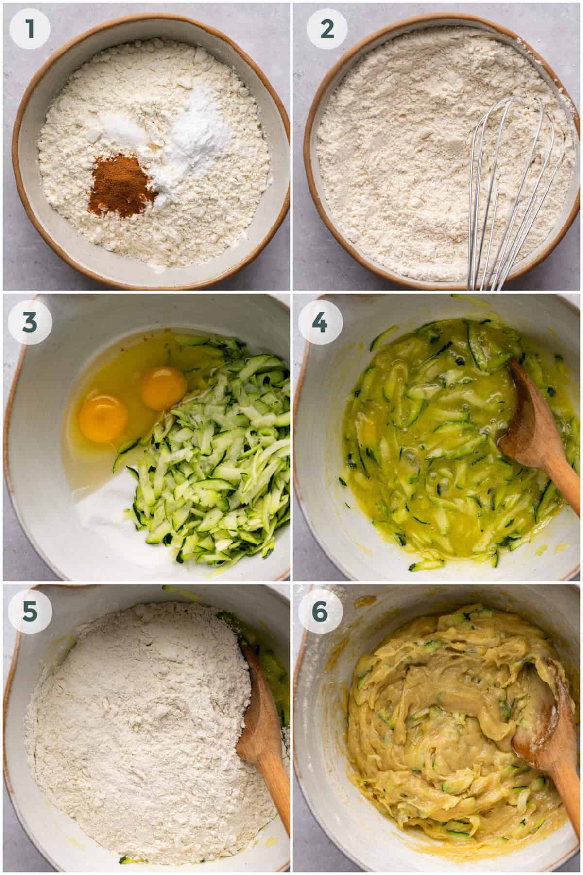 steps 1-6 for preparing zucchini bread