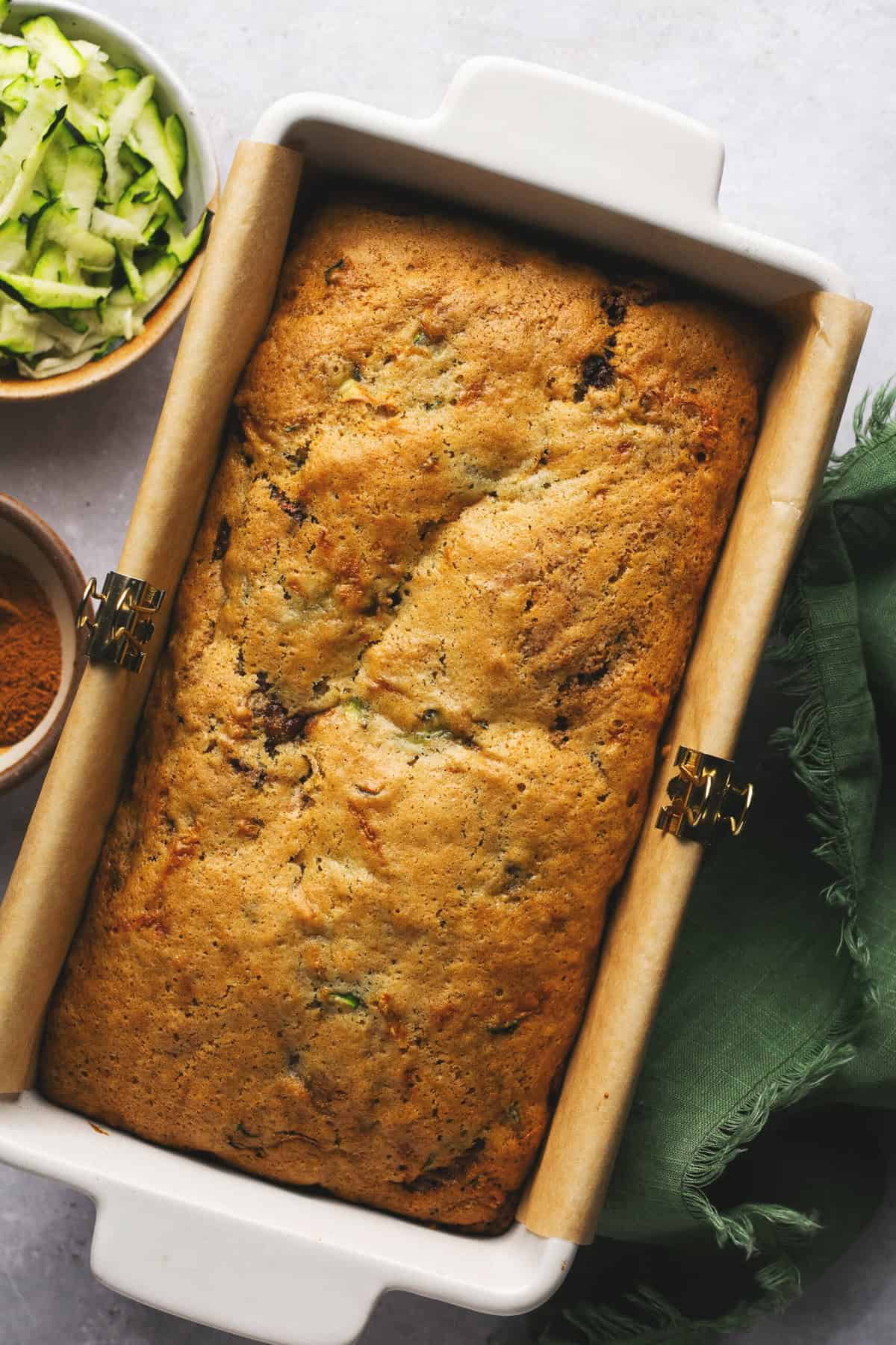 overhead view of cinnamon zucchini bread in bread loaf pan