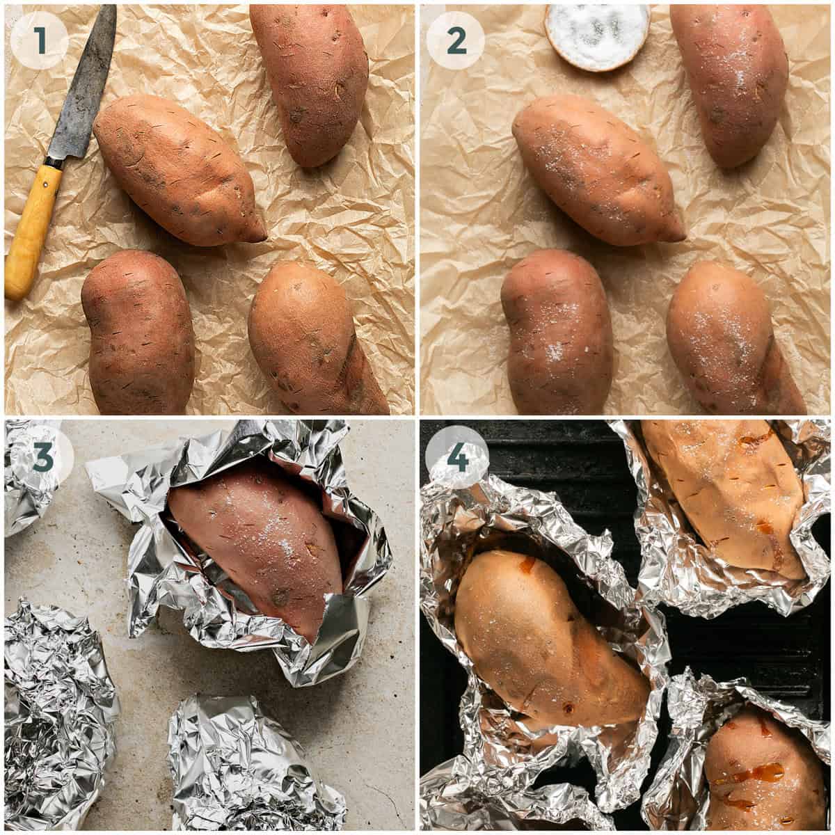 four steps of preparing grilled sweet potatoes
