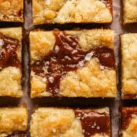 up close overhead view of salted caramel cookie bars