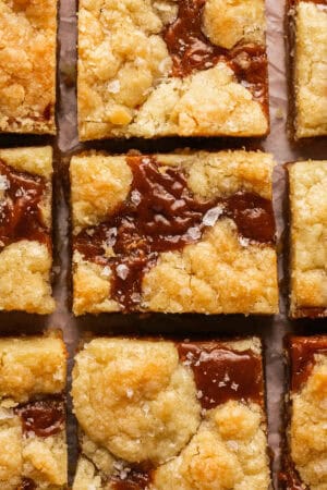 up close overhead view of salted caramel cookie bars