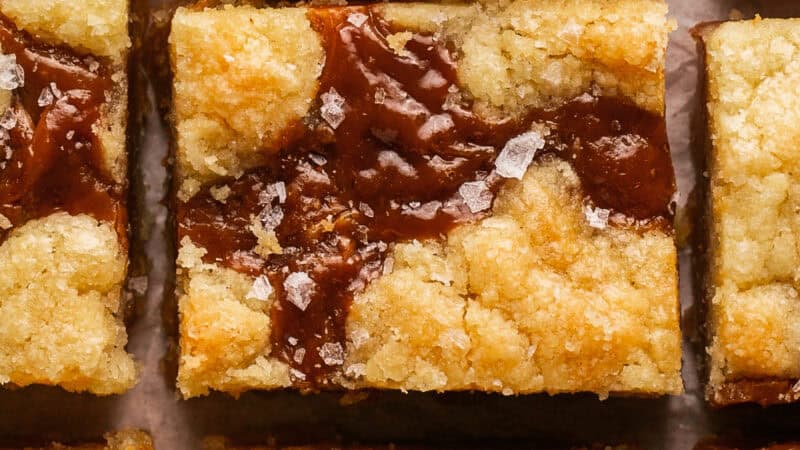 up close overhead view of salted caramel cookie bars