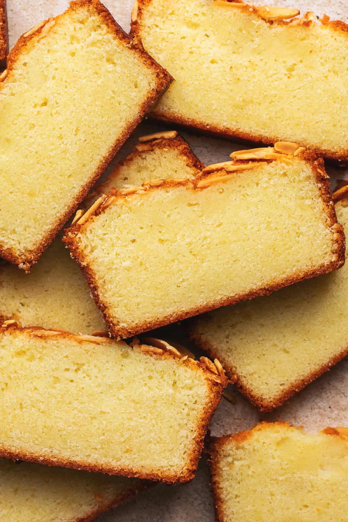 overhead view of slices of almond loaf