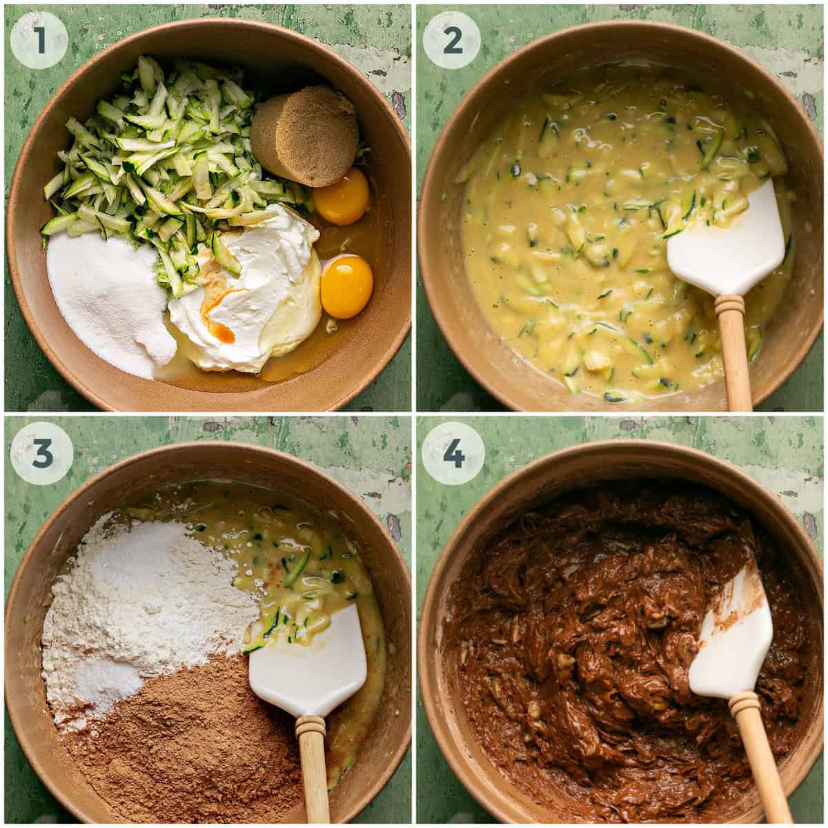 steps 1-4 of preparing chocolate zucchini bread