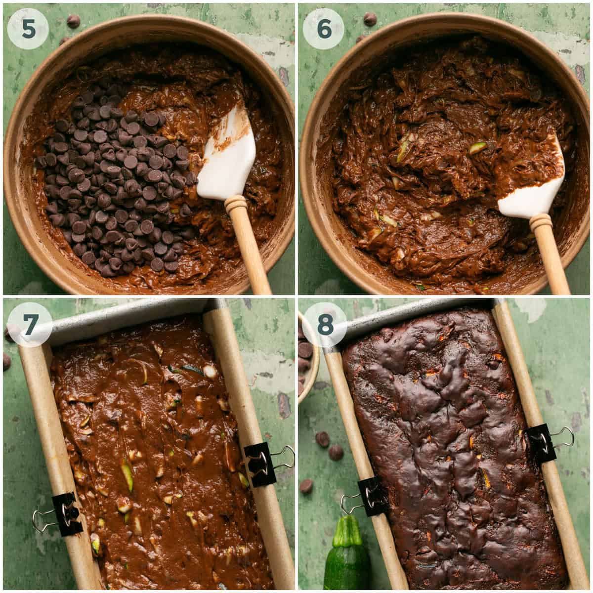 steps 5-8 of preparing chocolate zucchini bread