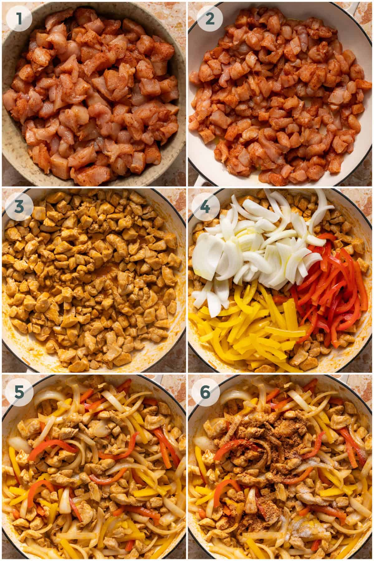 first six steps of preparing mexican chicken and rice casserole in skiller