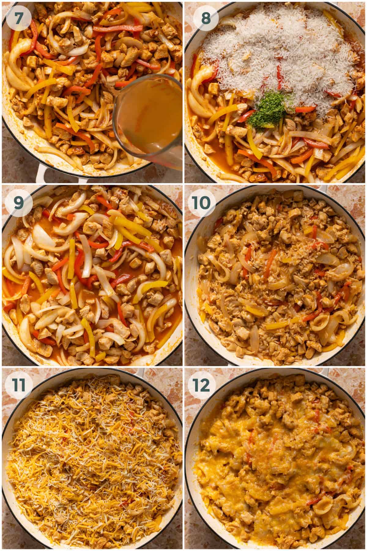 last six steps of preparing mexican chicken and rice casserole in skiller