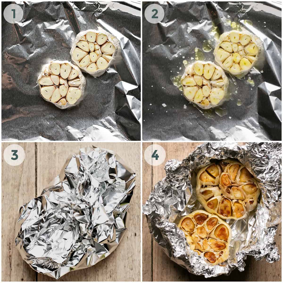 four steps showing how to roast garlic