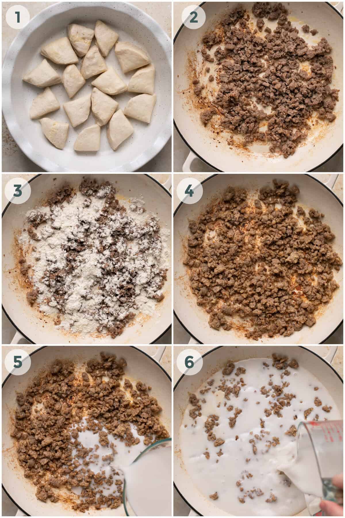 steps 1-6 for sausage and biscuits breakfast casserole recipe