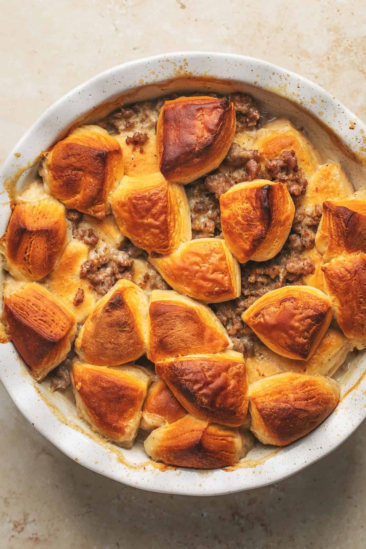 biscuits and sausage casserole in baking dish