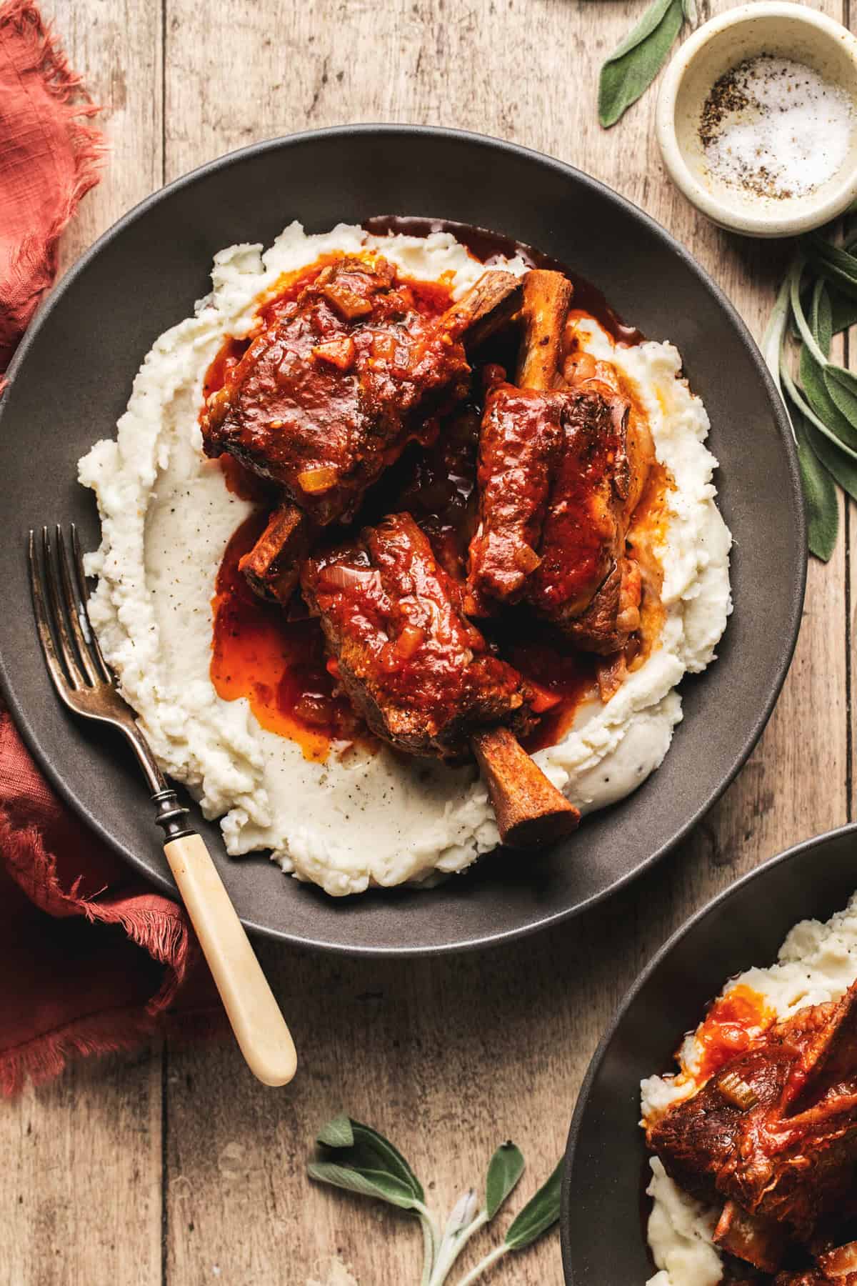 overhead view of plate of mashed potatoes topped with short ribs and gravy