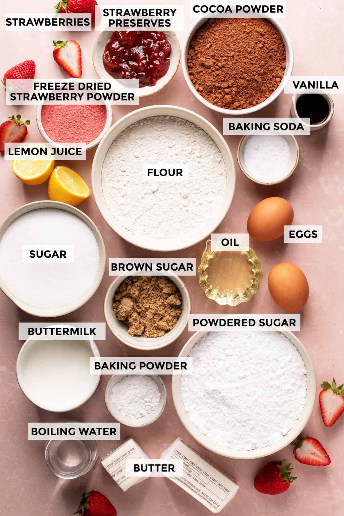 ingredients for chocolate cake with strawberry frosting