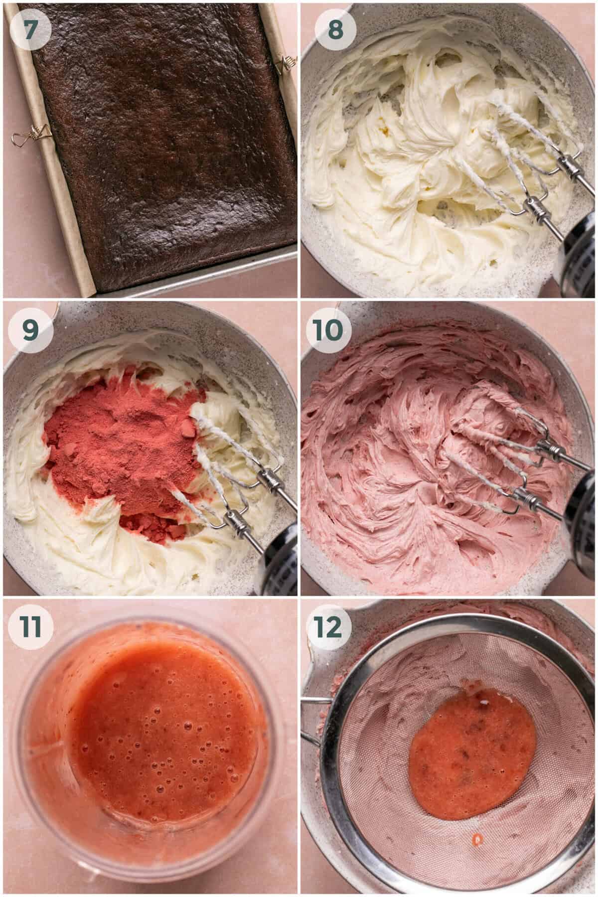 steps 7-12 for chocolate cake with strawberry frosting