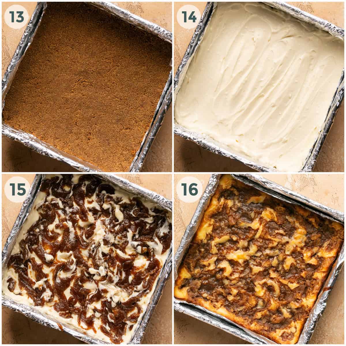 steps 13-16 for cinnamon roll cheesecake bars recipe