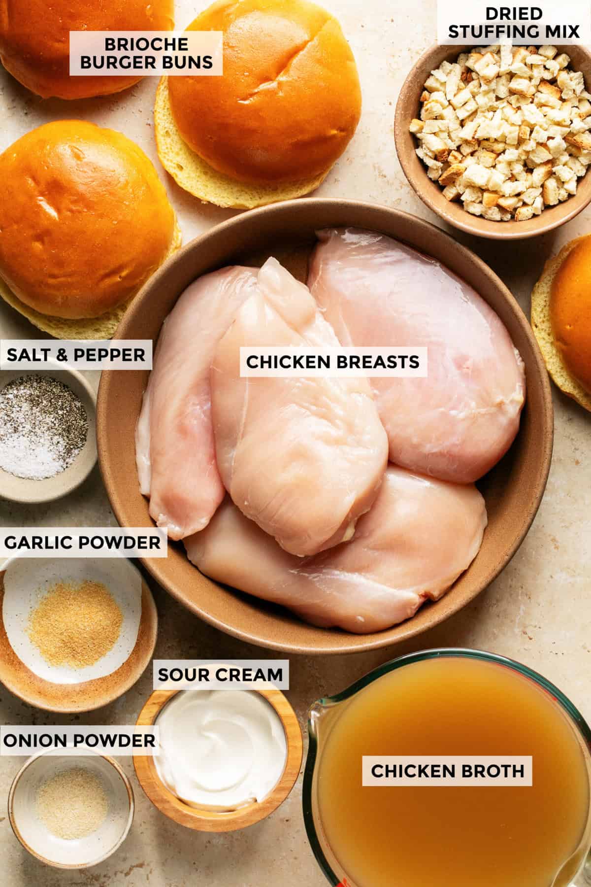 ingredients for shredded chicken and stuffing sandwiches recipe