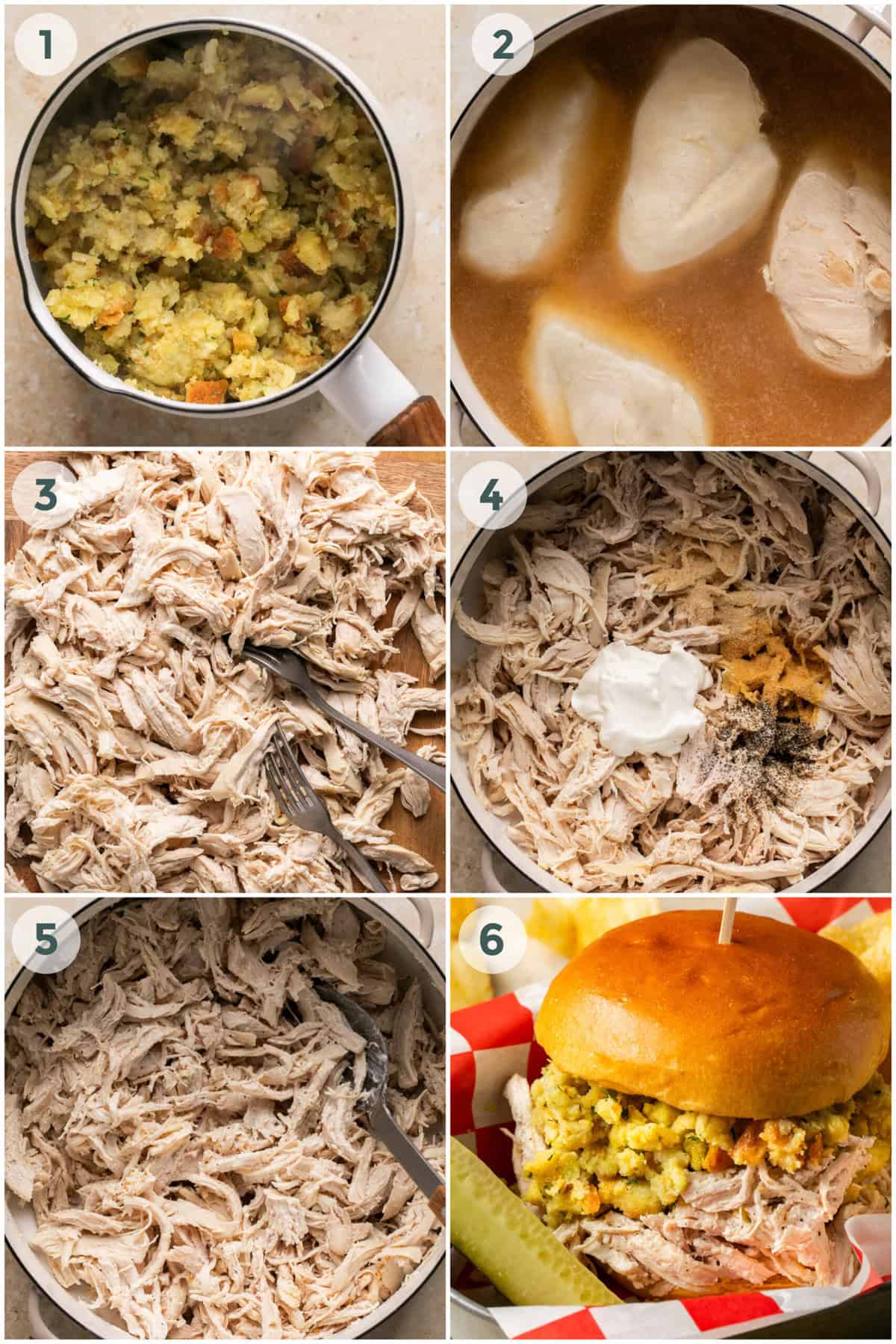 six steps for preparing shredded chicken sandwiches with stuffing