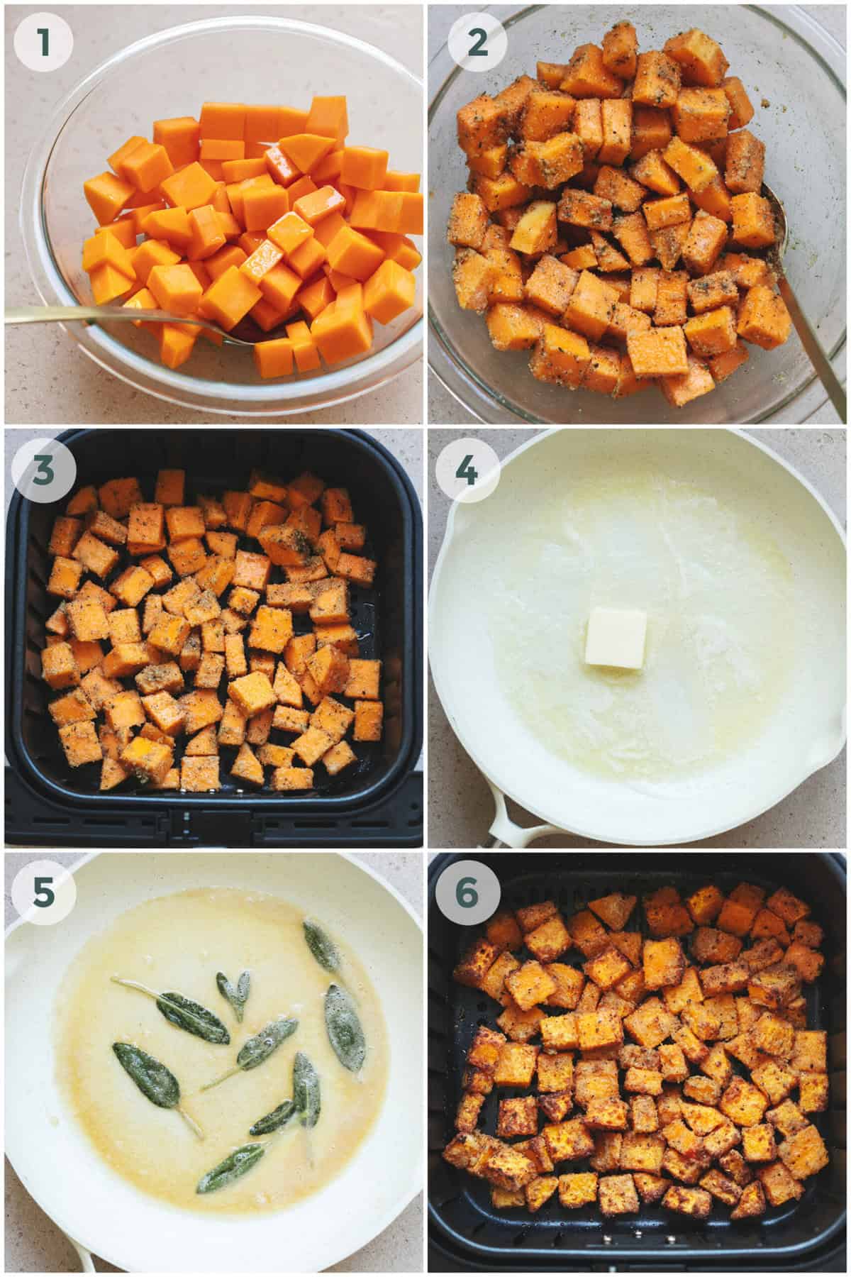 six steps of preparing air fryer butternut squash recipe