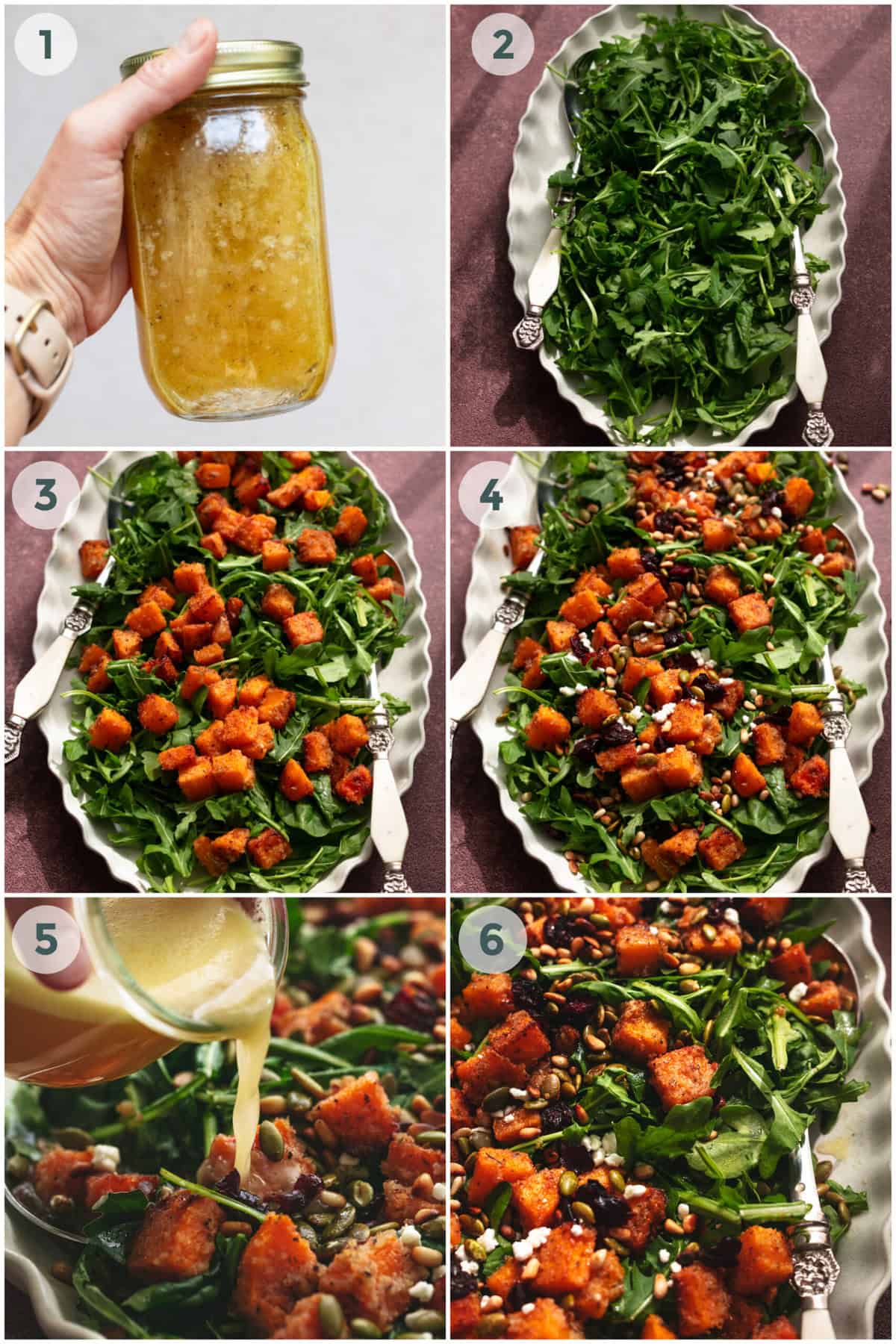 steps 1-6 for preparing butternut squash salad