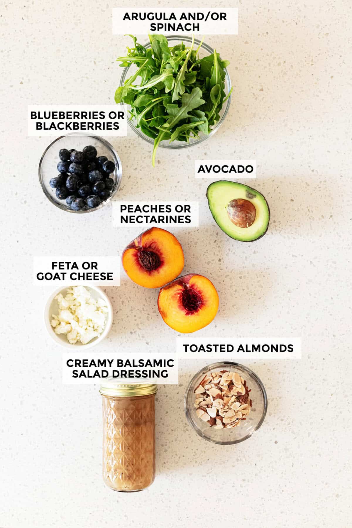 ingredients for peach arugula salad