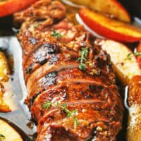 pork tenderloin with glaze and apples up close